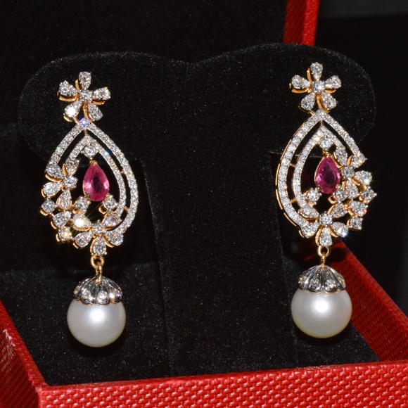 CERTIFIED NATURAL 24.16CTS VS F DIAMOND RUBY SOUTH SEA PEARL 18K GOLD EARRINGS - Picture 3 of 14